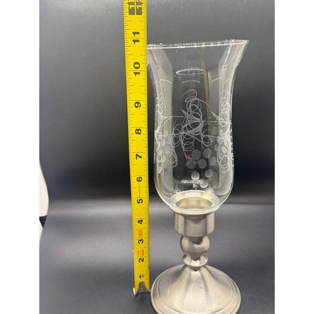 Vintage Web Pewter Hurricane Candle Holder Etched Glass Shade Mid Century MCM
